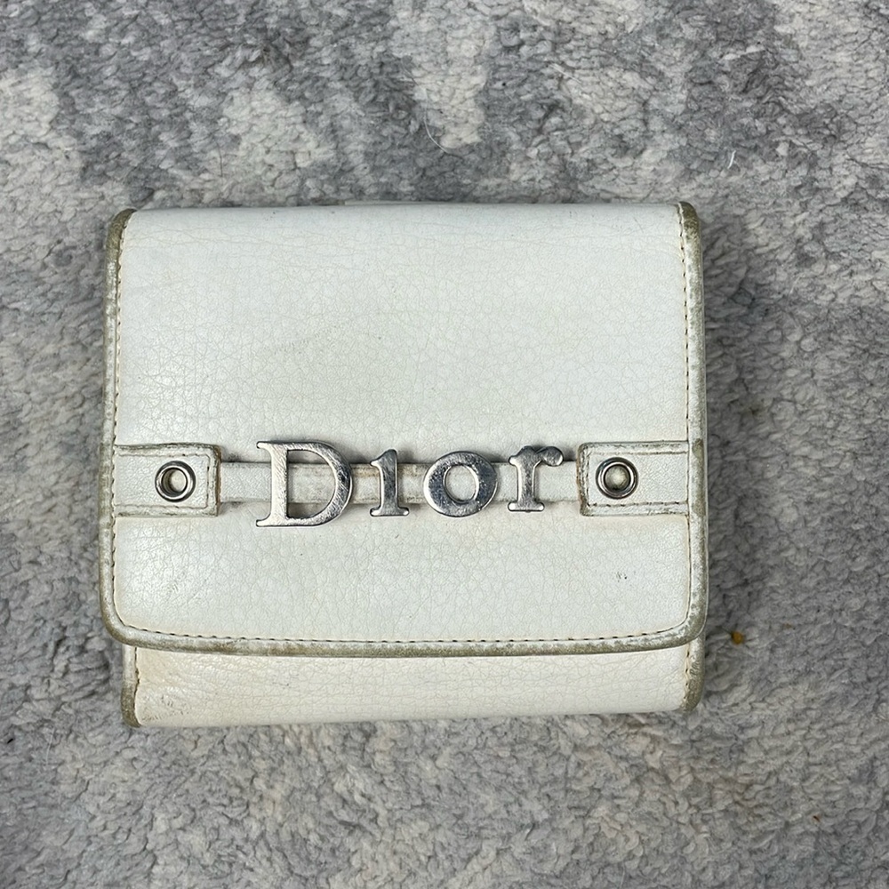 Vintage Christian Dior White Leather Compact Snap Wallet Floating Charm Logo